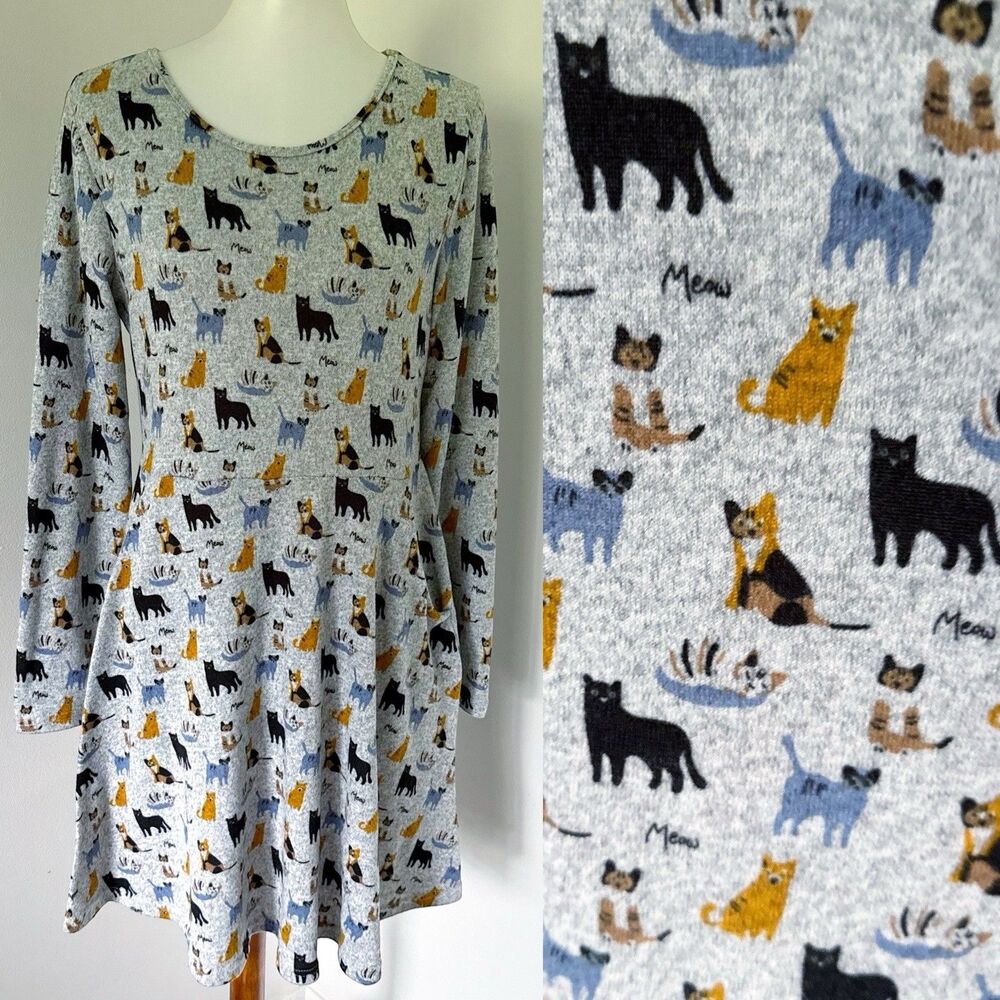 Women's L.A. Soul Gray Cat Print Long Sleeve Fit and Flare Dress Pockets L Large
